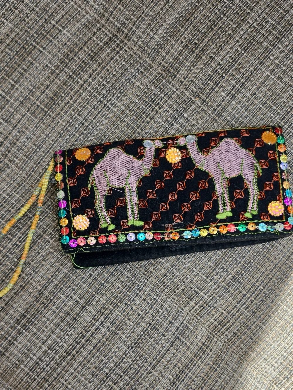 Embroidered Black Wristlet Wallet with Lavender Camel Motif